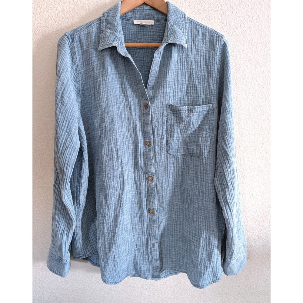 Beachlunchlounge Blue Double Gauze Cotton Button Down Shirt LST6395 L